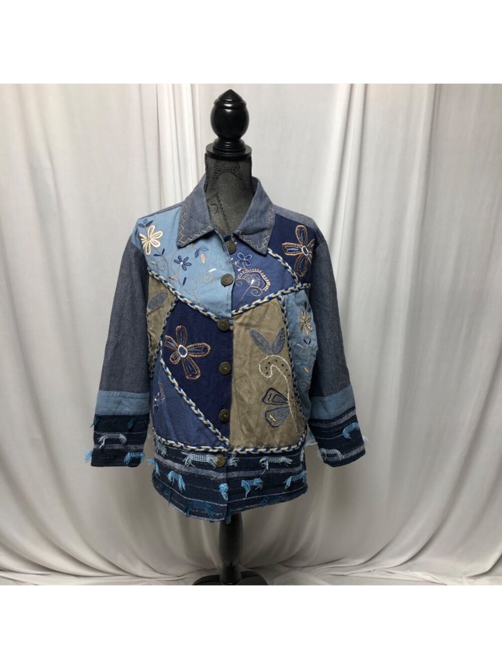 New Direction Denim Patchwork Jacket Woman Size 1X Embroidered Button Up Boho